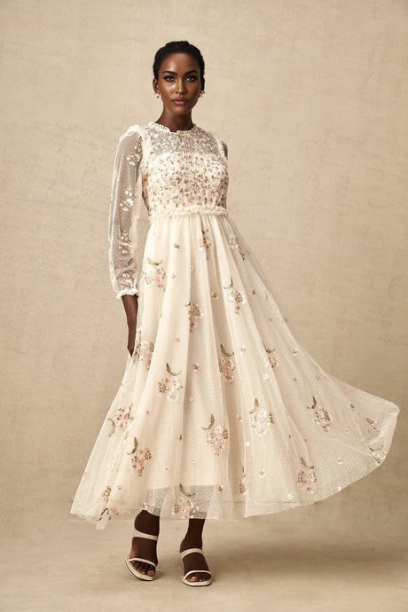 A white tulle midi dress with delicate floral embroidery featuring a sleeveless design and a flowy silhouette from the Celine collection