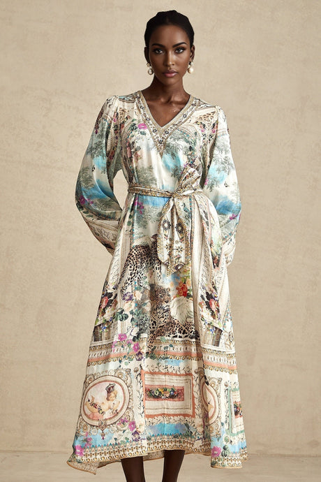 A woman wearing a belted midi dress with a V neckline in a stylish and elegant pose