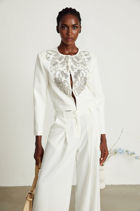 Agnès white embellished jacket  trousers matching set