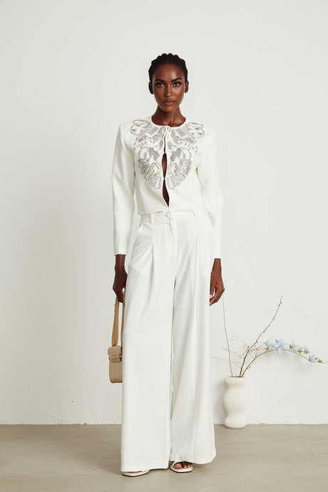 Agnès white embellished jacket  trousers matching set