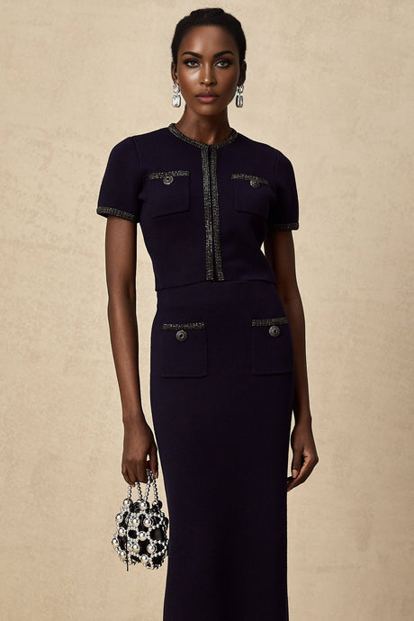 Aida matching set featuring a ribbed knit top and skirt with embellished details
