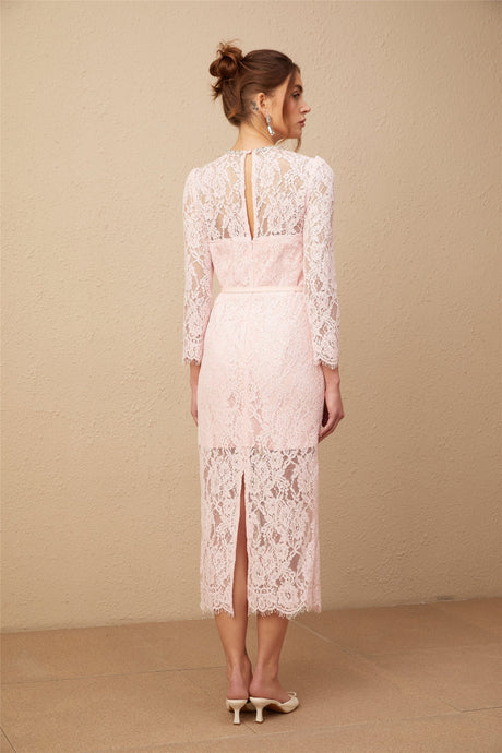 An elegant pink midi dress with floral embroidery and lace details featuring embellishments and a delicate feminine design