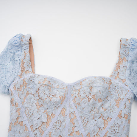 Audrey blue midi dress with floral lace pattern and boned structure