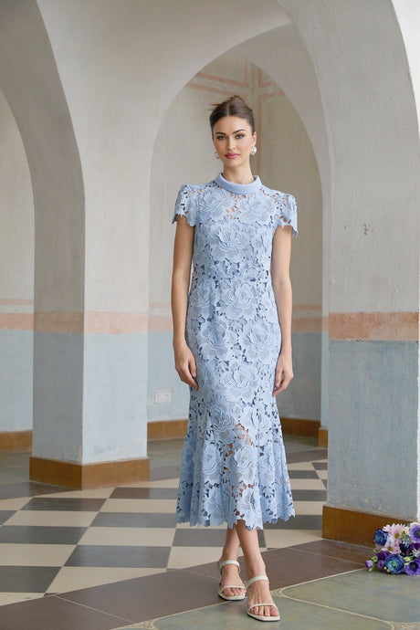 Aurore blue midi dress with delicate floral lace applique detailing