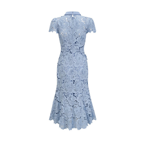 Aurore blue midi dress with delicate floral lace applique details and feminine silhouette