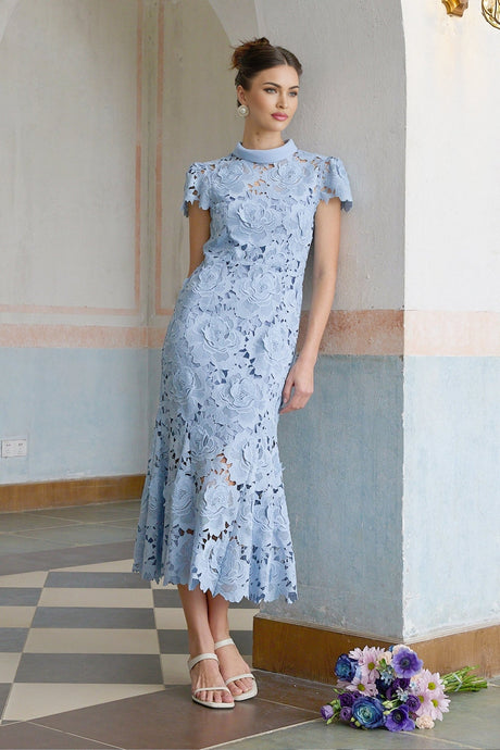 Aurore blue midi dress with delicate floral lace applique details