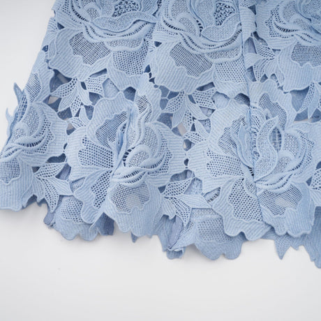 Aurore blue midi dress with delicate floral lace appliques covering the bodice and skirt