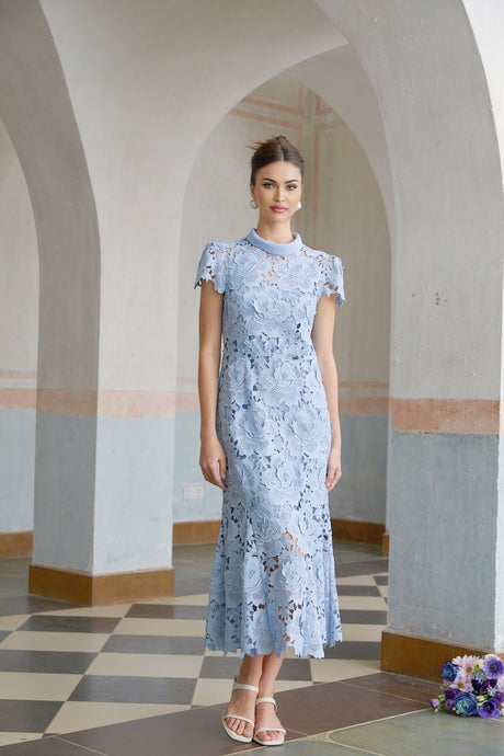 Aurore blue midi dress with floral lace applique details and delicate feminine design