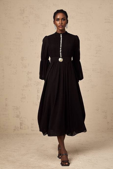 Black pleated midi dress with button front closure and name Viviane