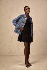 Blue denim jacket with rhinestone embellishments called Valerie