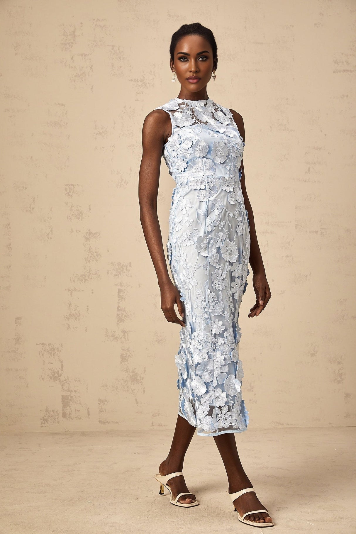 Blue midi dress with floral appliques by Herta