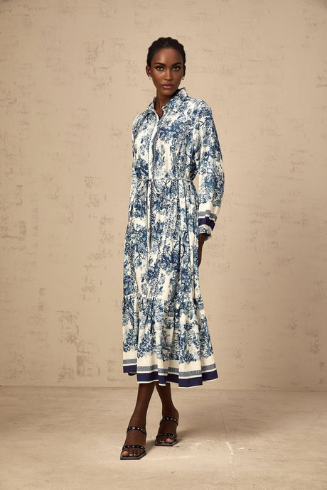 Blue midi dress with graphic print pattern called Adelaide