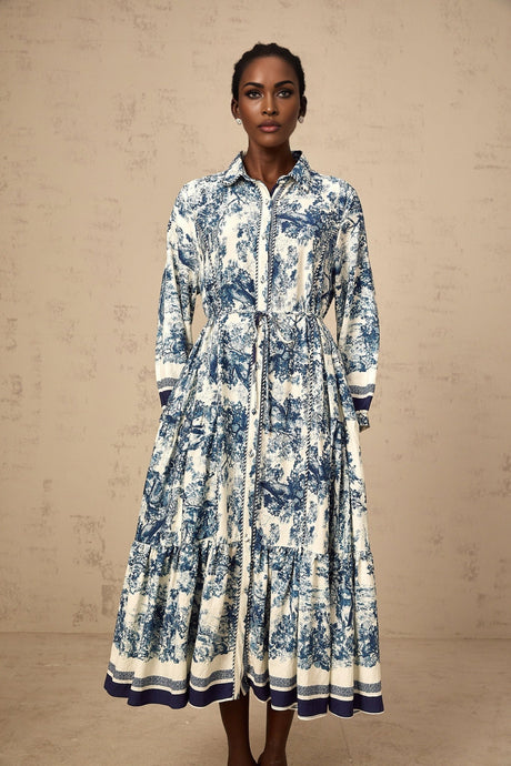 Blue midi dress with graphic print pattern featuring Adélaïde design