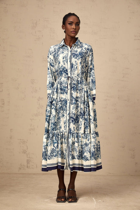 Blue midi dress with graphic print pattern featuring Adélaïde design
