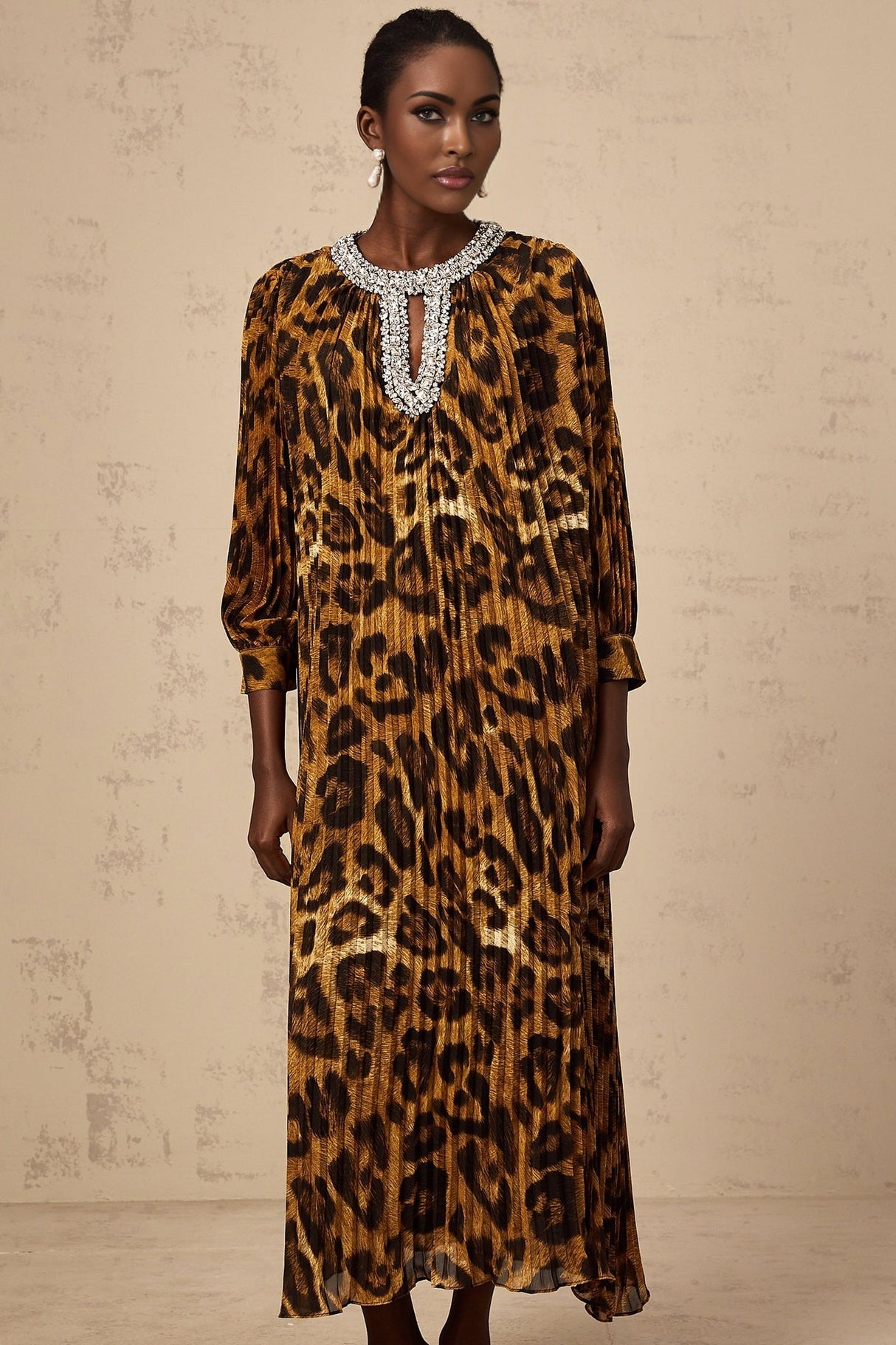 Brown leopard print midi dress with embellishments named Anais