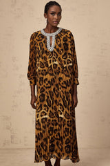 Brown leopard print midi dress with embellishments named Anais