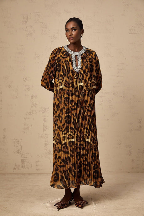 Brown leopard print midi dress with embellishments named Anais