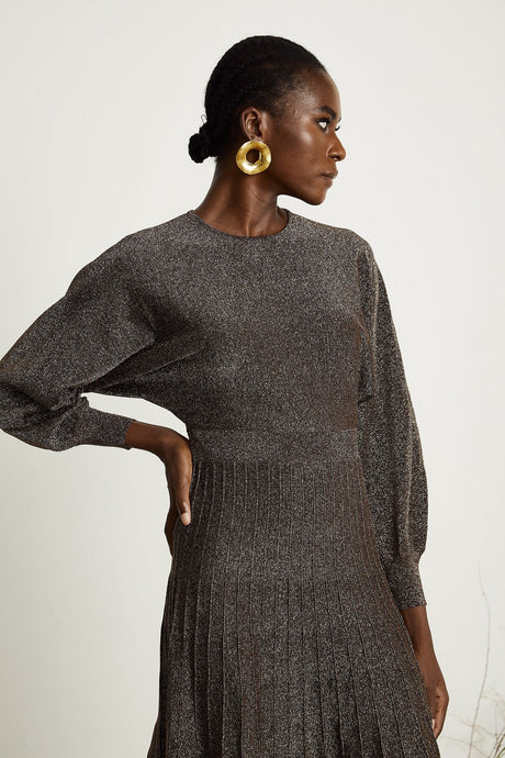 Cordélia brown metallicthreading ribbed midi dress