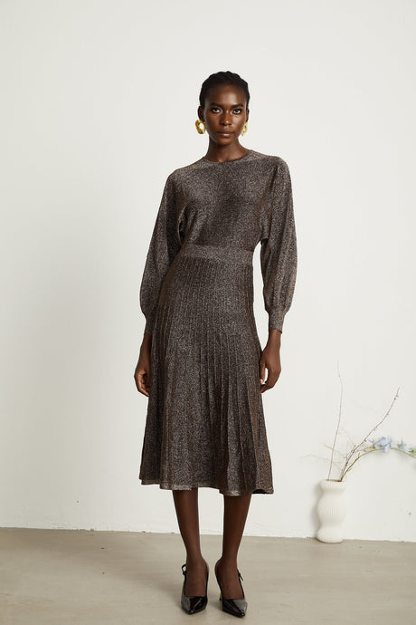Cordélia brown metallicthreading ribbed midi dress