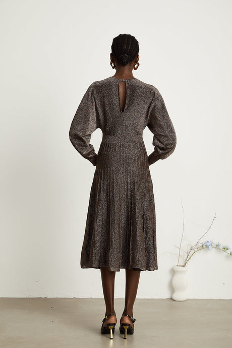 Cordélia brown metallicthreading ribbed midi dress