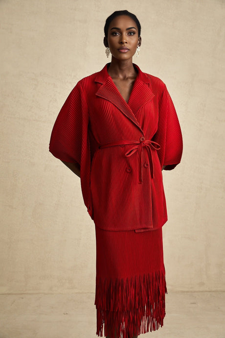 Cyrielle red pleated jacket  skirt matching set