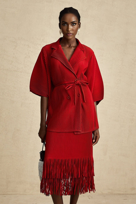 Cyrielle red pleated jacket  skirt matching set