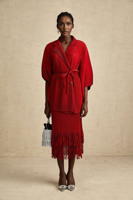 Cyrielle red pleated jacket  skirt matching set