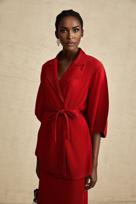 Cyrielle red pleated jacket  skirt matching set