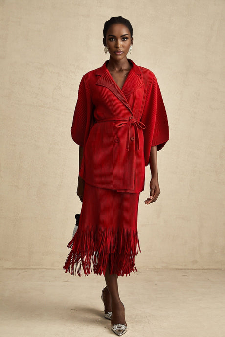 Cyrielle red pleated jacket  skirt matching set