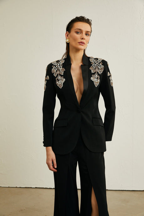 Delphine black embellished jacket  trousers matching set
