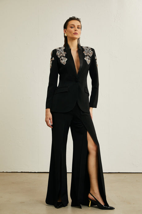 Delphine black embellished jacket  trousers matching set