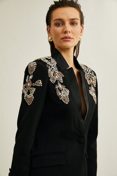 Delphine black embellished jacket  trousers matching set