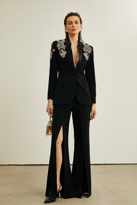 Delphine black embellished jacket  trousers matching set