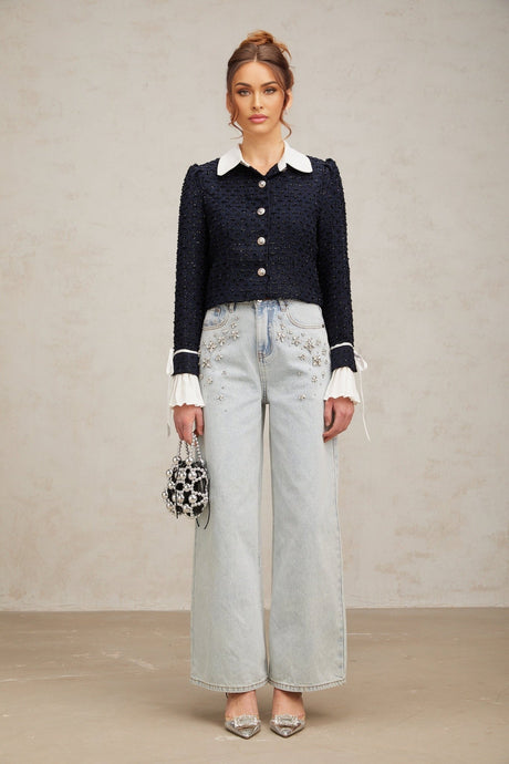 Doriane jacket in navy blue featuring tweed fabric with panelled design