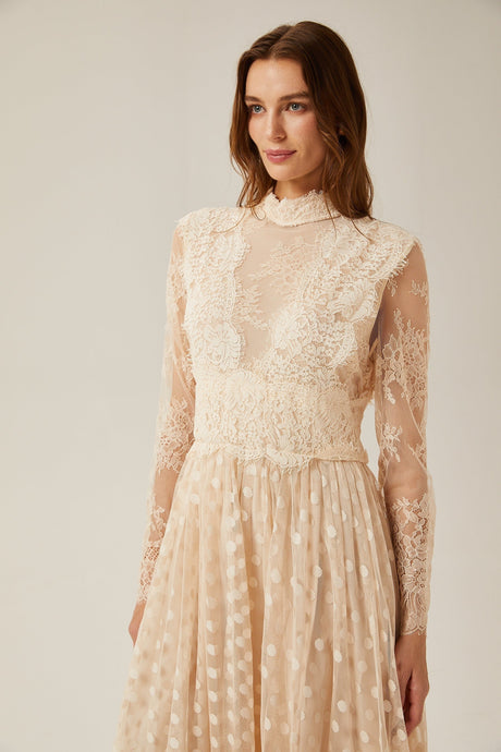 Éliane polkadot laceembroidered midi dress
