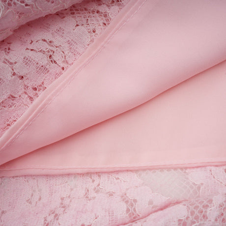 Elisabetta pink midi dress with floral embroidery and lace details featuring embellishments on a delicate lace fabric