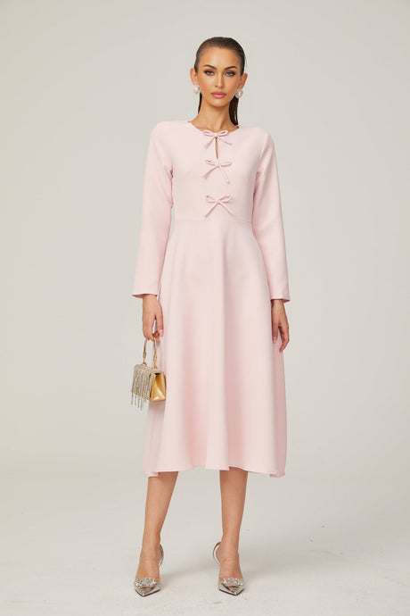 Elise pink bowdetail splitneck midi dress