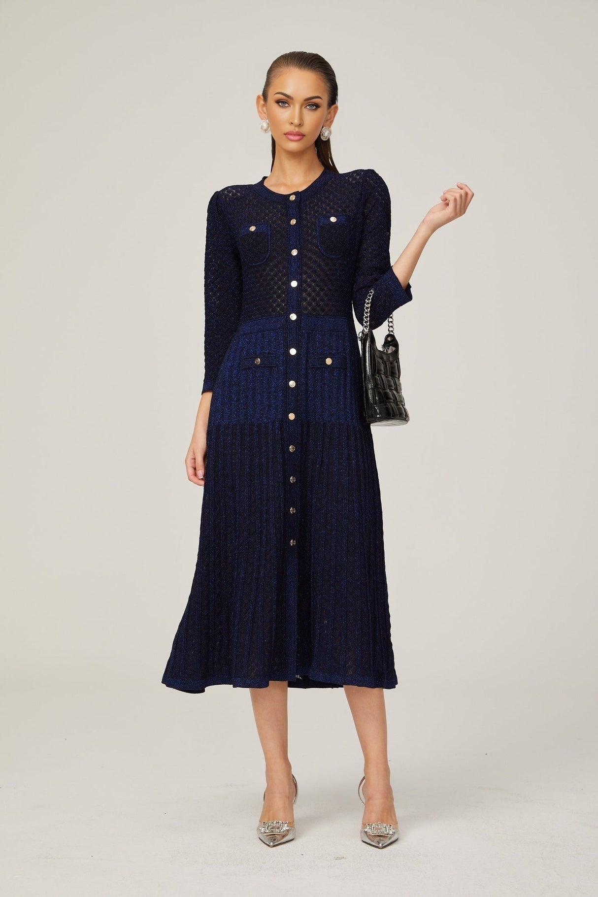 Élodie knitted longsleeve midi dress in Blue