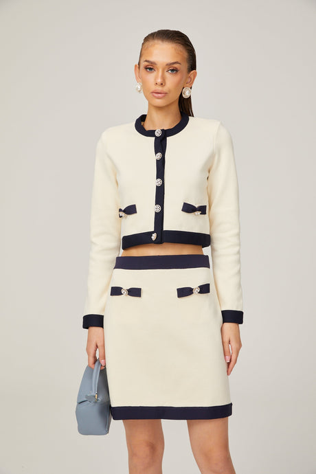 Émeline bowdetail knitted cardigan  skirt matching set