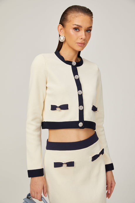 Émeline bowdetail knitted cardigan  skirt matching set