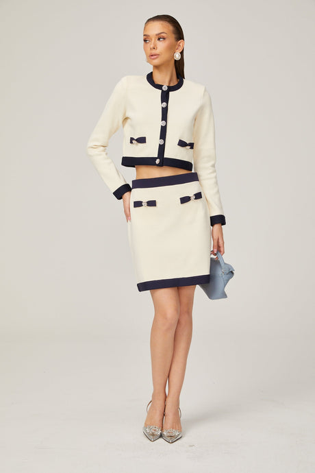 Émeline bowdetail knitted cardigan  skirt matching set