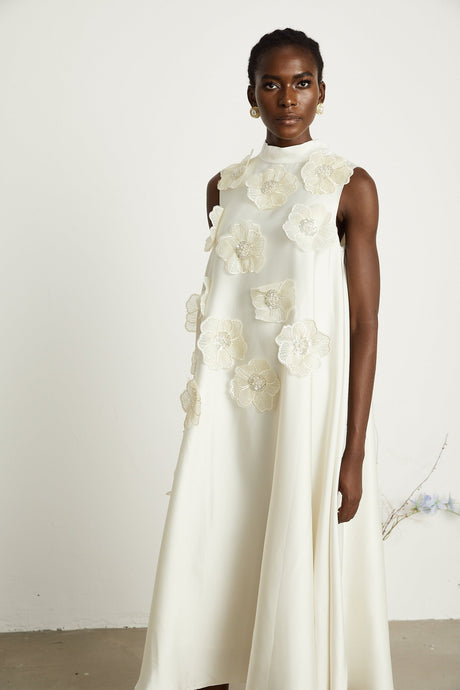 Émilie sleeveless floralapplique midi dress in White
