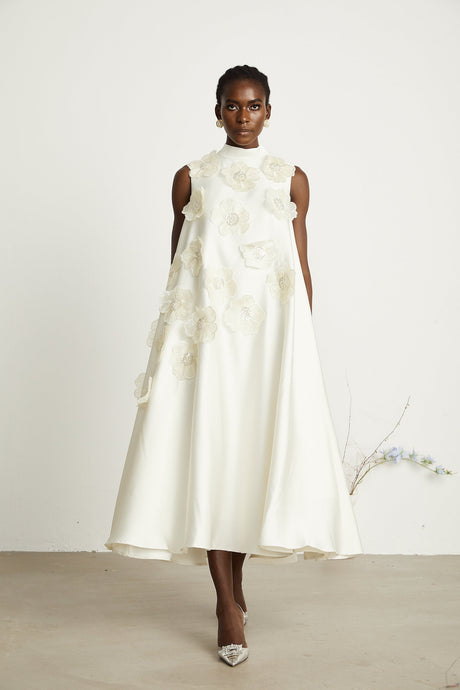 Émilie sleeveless floralapplique midi dress in White