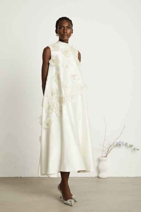 Émilie sleeveless floralapplique midi dress in White