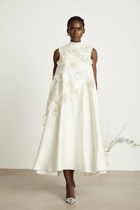 Émilie sleeveless floralapplique midi dress in White