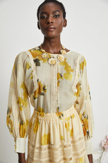 Éva yellow floralprint blouse  skirt matching set
