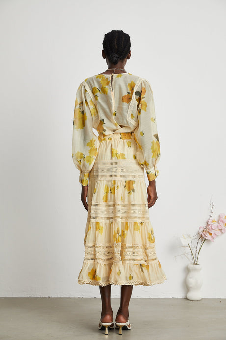 Éva yellow floralprint blouse  skirt matching set