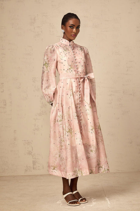 Floral print pink midi dress with embellishments and a narcisse design