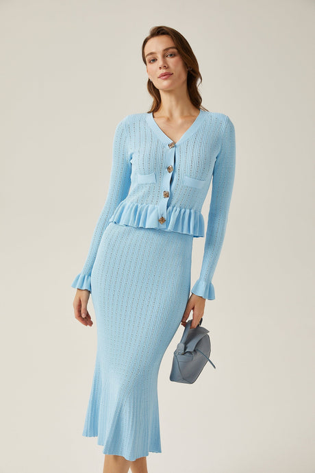 Gabrielle blue flared knitted top  skirt matching set