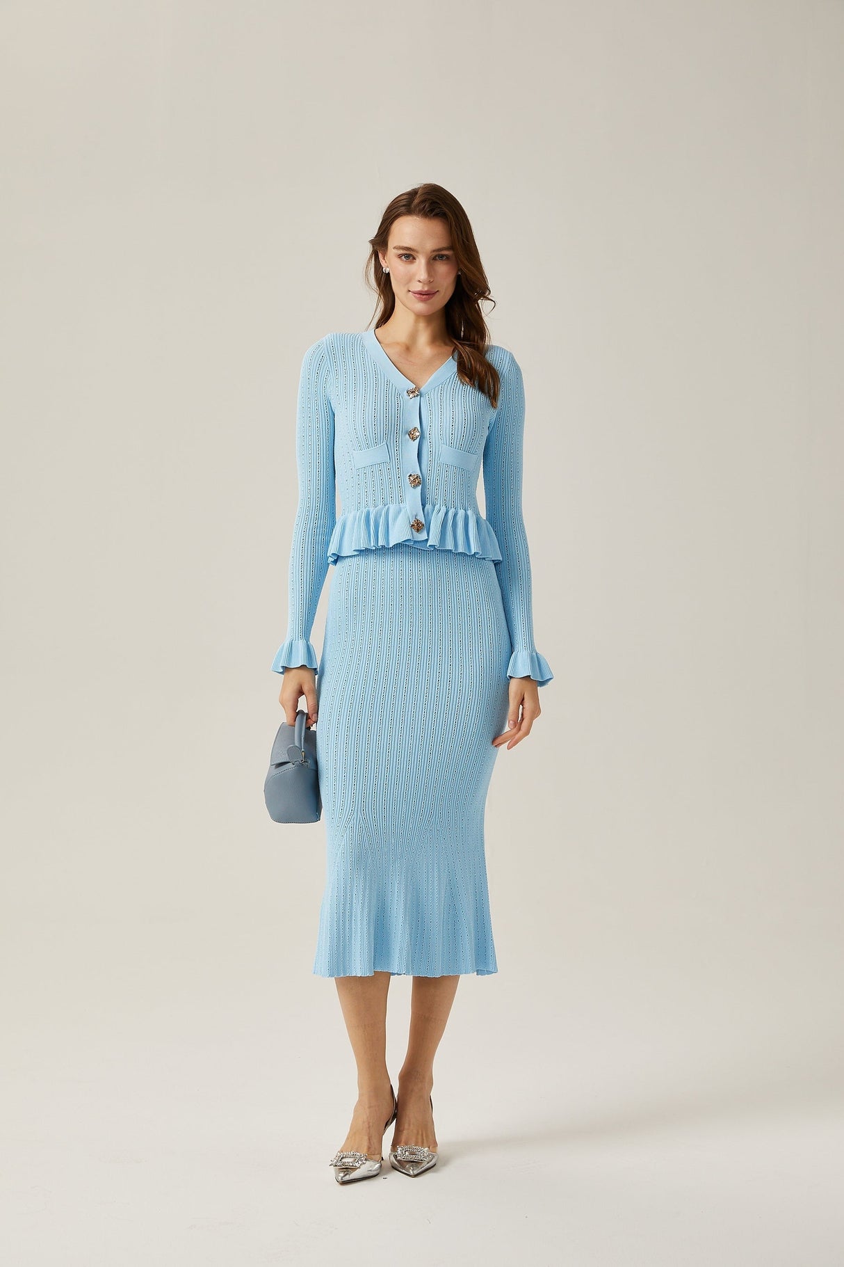 Gabrielle blue flared knitted top  skirt matching set